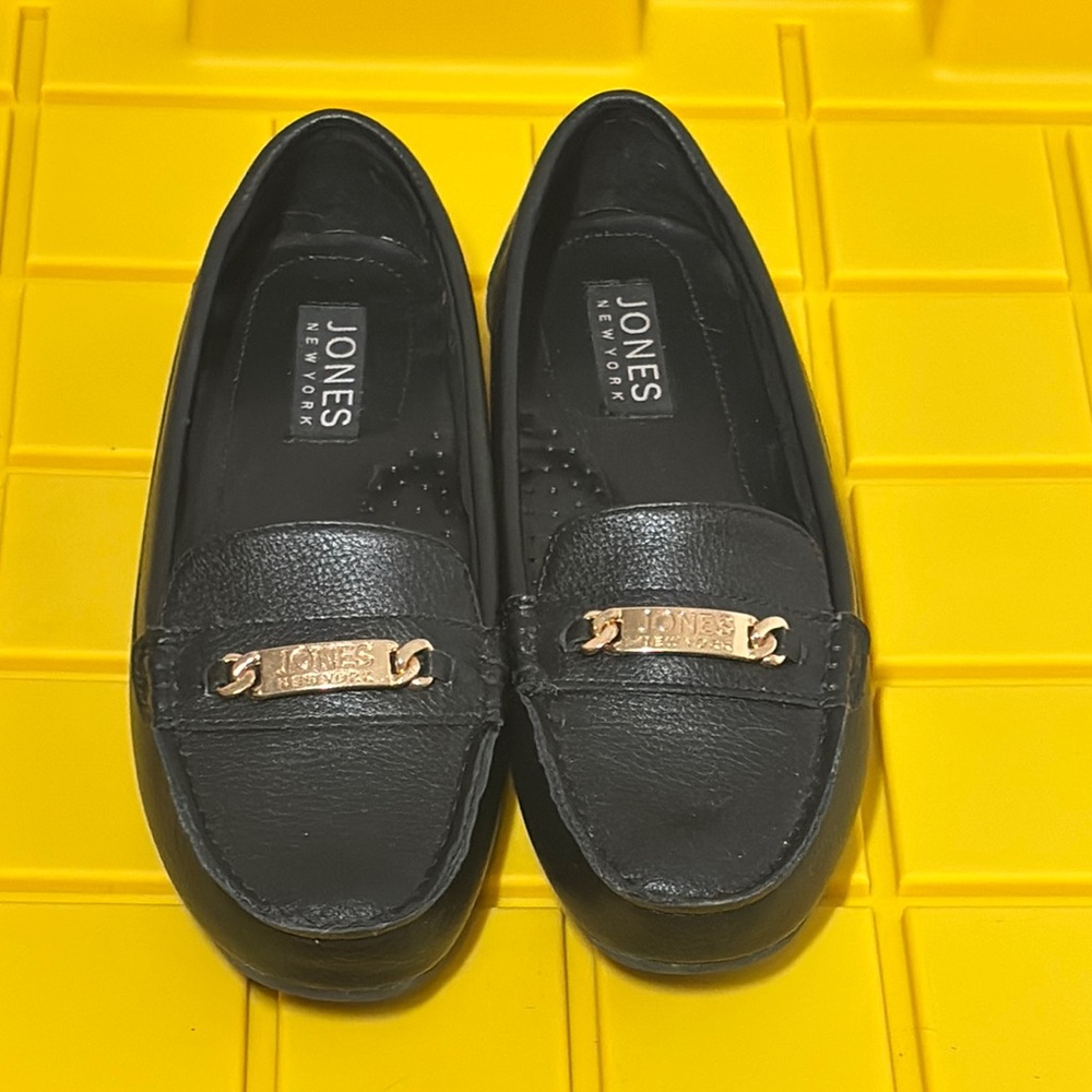 Jones New York Black Leather Loafers with Gold Accent